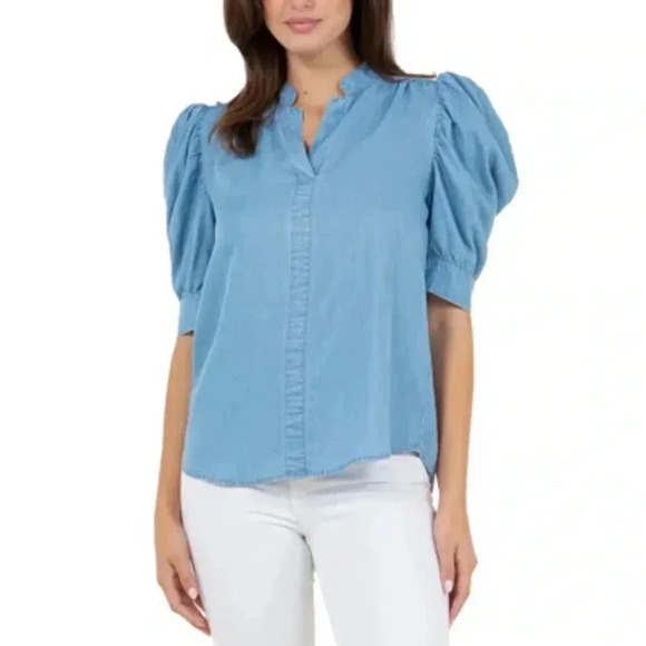 John Paul Richard Puff Sleeve Chambray Blouse Size M NEW - Picture 1 of 5